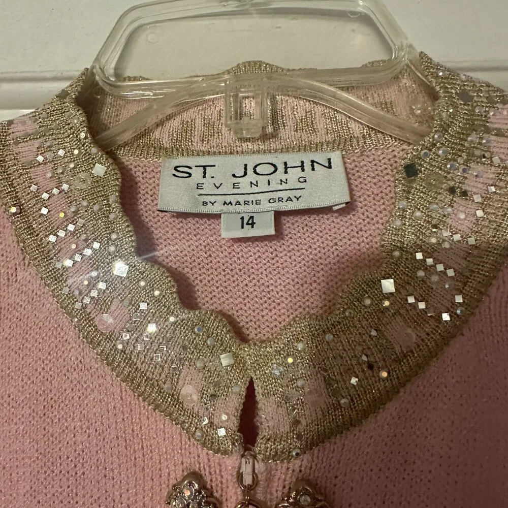 St. John Evening Pink Metallic Gold Studs Trim Topper Long Jacket - Picture 3 of 4